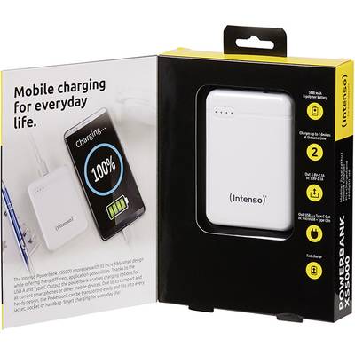 'Intenso Power Bank' in opened packaging. Text highlights mobile charging and compact design. Charging indicator shows 100%.