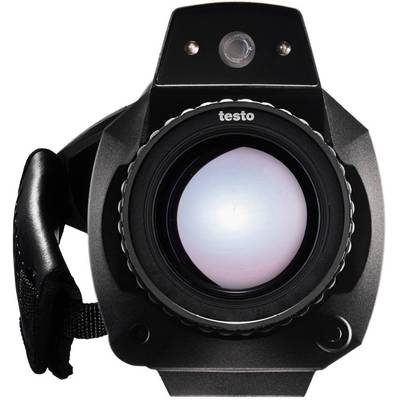 Camera lens viewed from the front, with a black housing and a protective grip on the left side.