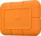 External hard drive by LaCie in an orange, robust casing, renowned for its shock resistance and portable data storage.