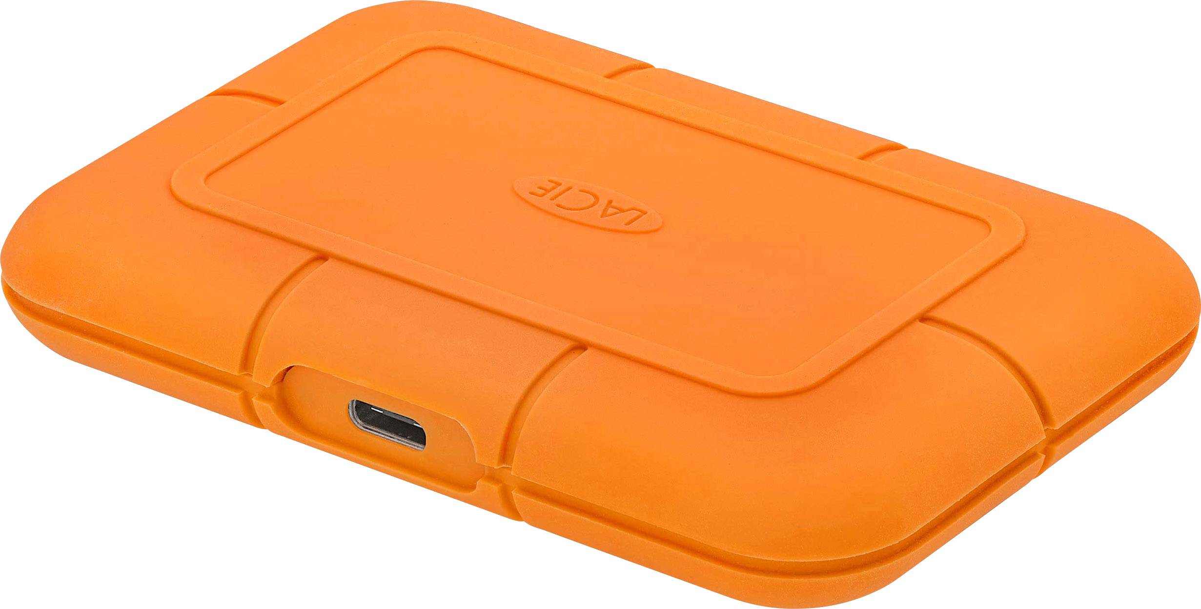 External hard drive with an orange rubber protective cover, compact, shock-resistant design, suitable for data storage and transportation.