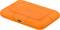 External hard drive with an orange rubber protective cover, compact, shock-resistant design, suitable for data storage and transportation.