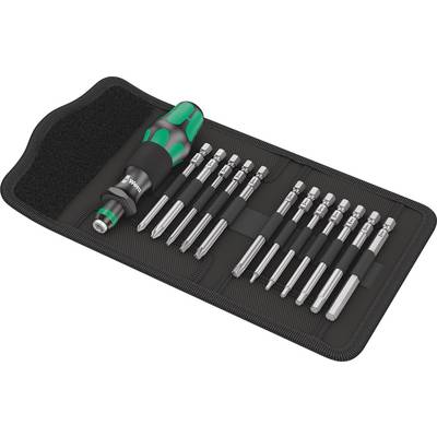 A screwdriver set with a handle-sized screwdriver and 14 interchangeable bits in a black case.