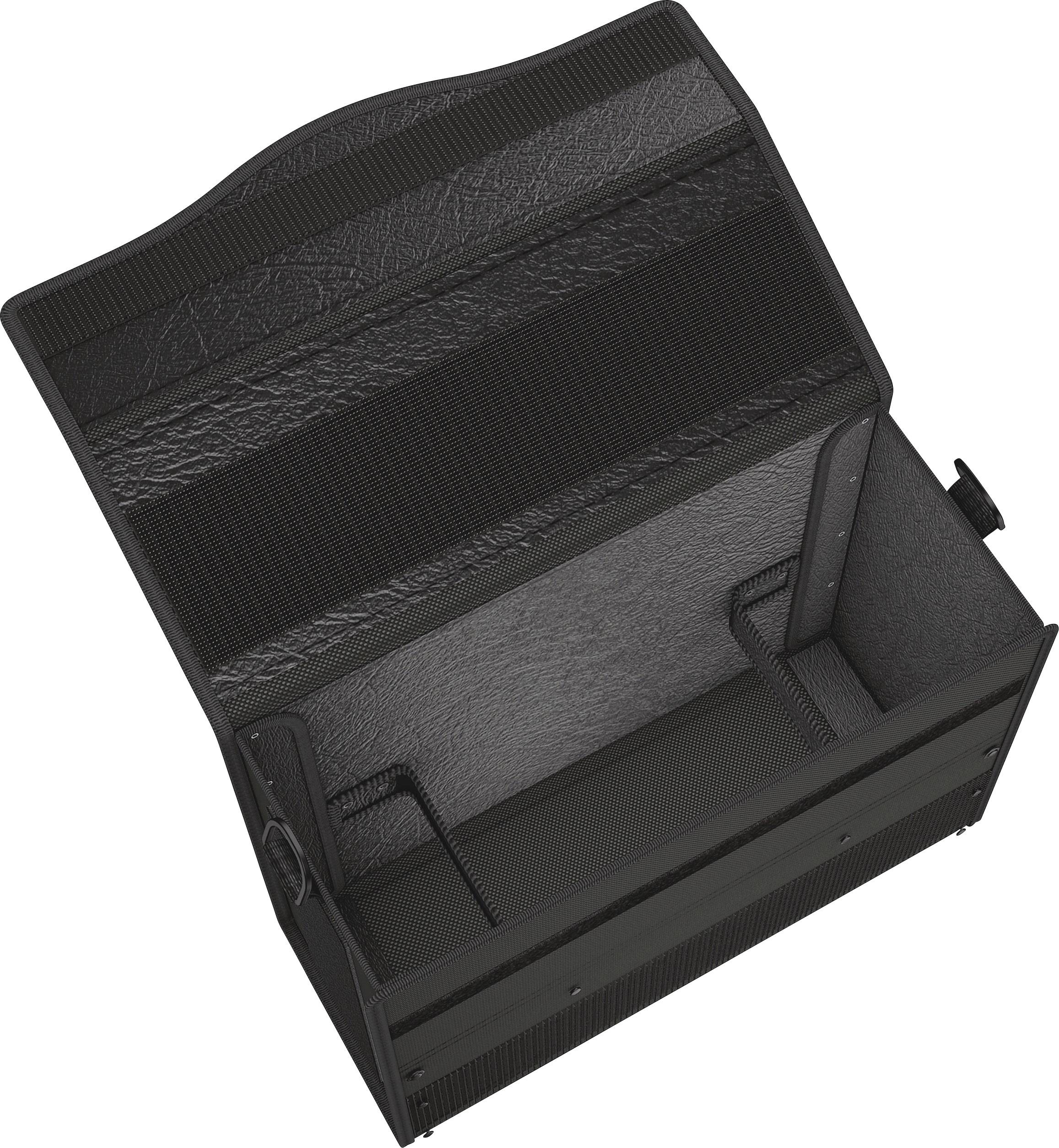 Black, open leather-look briefcase from above. The briefcase has a spacious main compartment and reinforced corners.