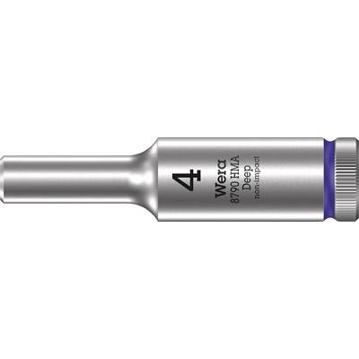 Socket for a hex bit with the inscription '4', brand Wera, model 8790 HMA Deep, non-impact. Silver with blue ring.