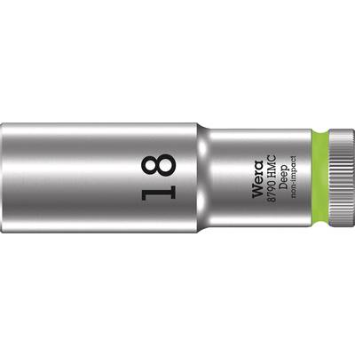 18 mm socket insert by Wera. Silver with a green ring, suitable for non-impact applications.