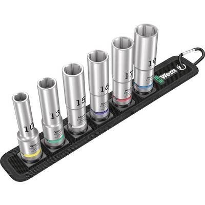 'Set of six Wera socket wrenches in ascending sizes from 10 to 19 mm, arranged in a black holder with coloured rings.'