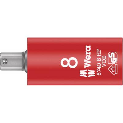 Red socket wrench with 'Wera 8740 B HF VDE' inscription, showing size 8. Safety symbol and VDE certification are visible.