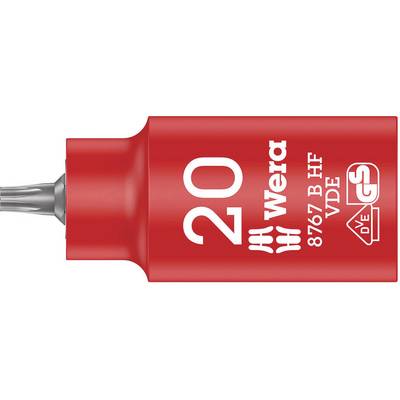 A red screwdriver head with the inscription 'Wera 20, 8767 B HF, VDE'. Contains GS and VDE certification logos.