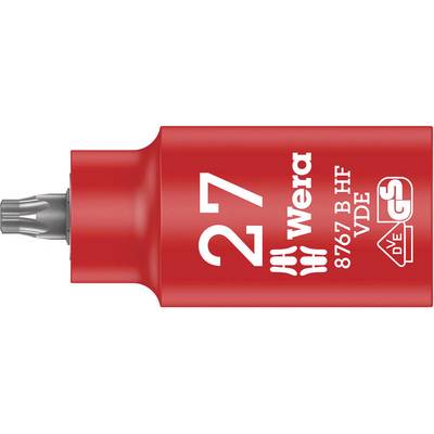 Red screw protection cover with 'Wera 27' printed on it. Underneath are additional details and VDE certification. A screw head is visible on the left.