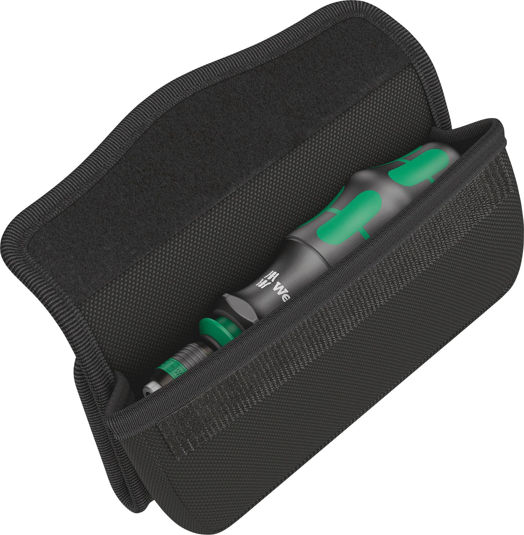 Tool bag with a green and black screwdriver, opened to show the contents.
