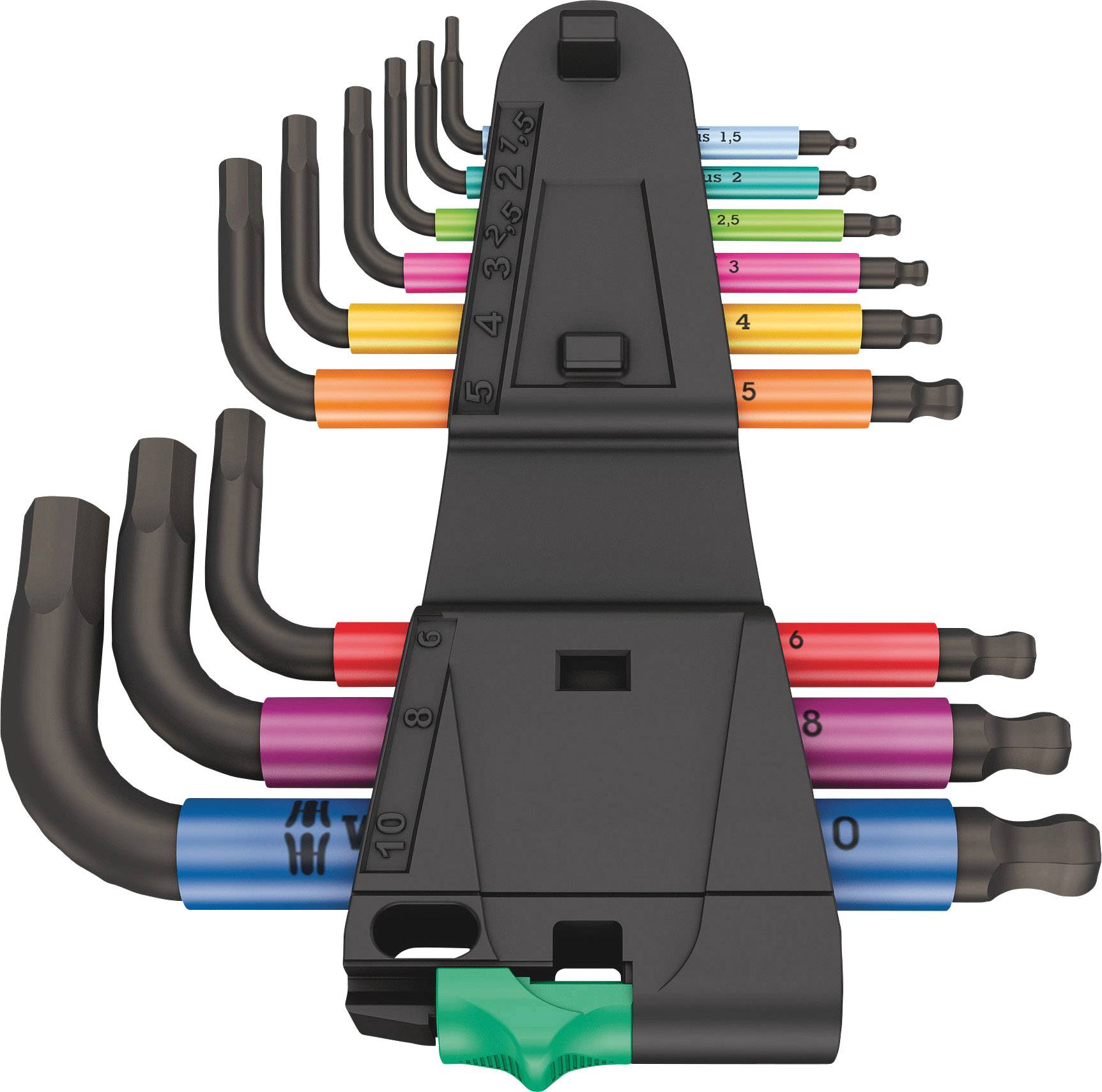 A set of colour-coded allen keys, arranged by size, with a holder for easy storage.