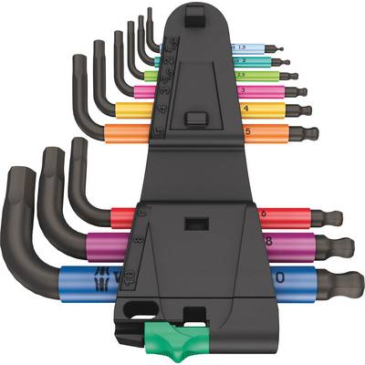 A set of colour-coded allen keys, arranged by size, with a holder for easy storage.