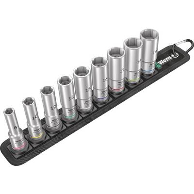 'Set of nine socket wrenches in different sizes, arranged in a holder. Labelled with sizes from 8 to 19.'