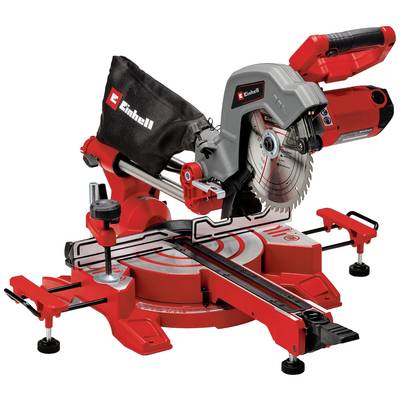 A red and grey mitre saw with a saw blade in the centre. The saw has a black dust bag in the background.
