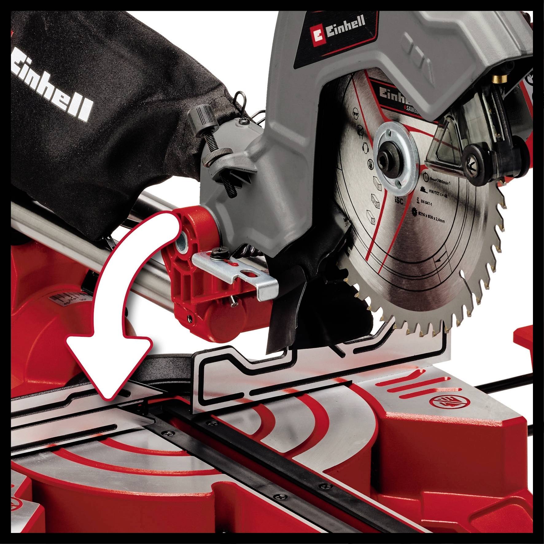 Electric mitre saw with laser guidance on a red base. Large arrow indicates the cutting line. Suitable for precise wood cutting.