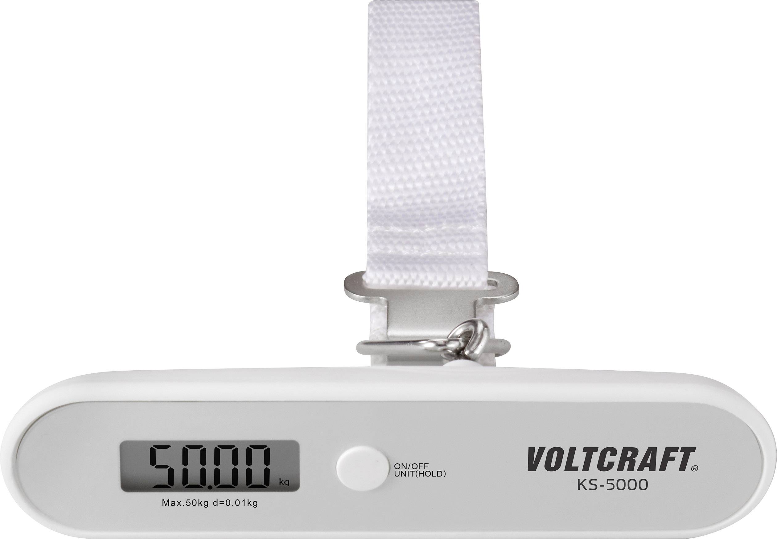 A digital luggage scale "VOLTCRAFT KS-5000" displays 50.00 kg on the screen. It has a white strap for attachment.