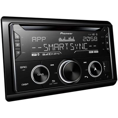 A car radio with a display shows 'APP - SMARTSYNC', surrounded by controls and buttons for various functions.