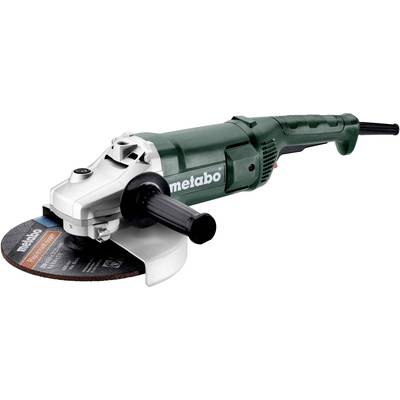 Green angle grinder with a black handle and a rotating grinding disc. Brand names are clearly visible.