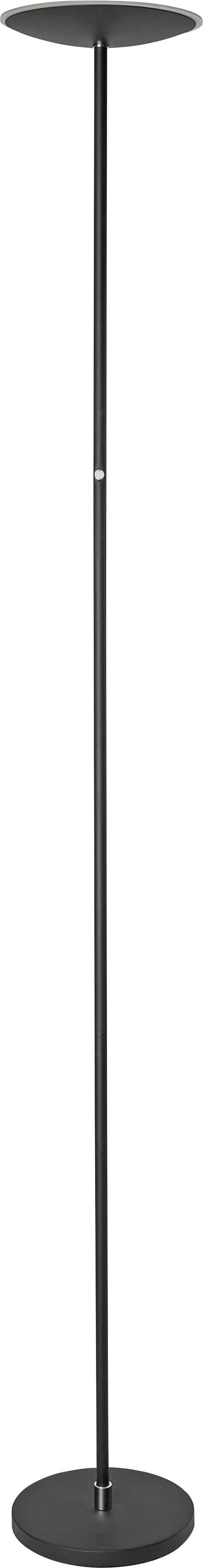 Black floor lamp with a round base and head, simple, minimalist design. Ideal for contemporary living spaces.