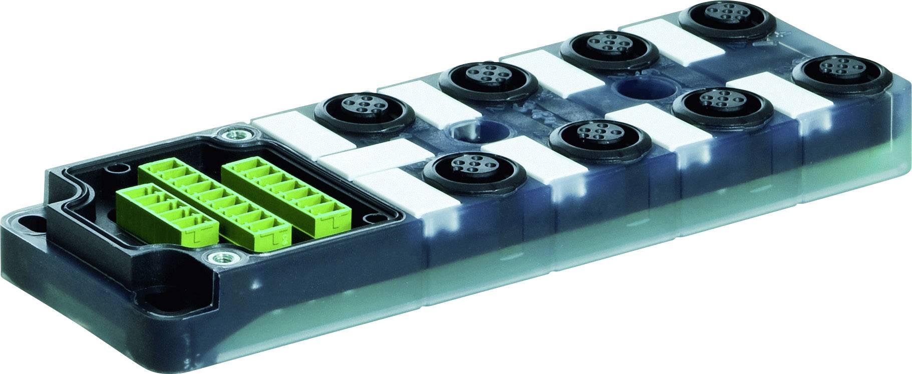 Electronic module with connections and green terminal blocks, used for wiring or control in technical applications.