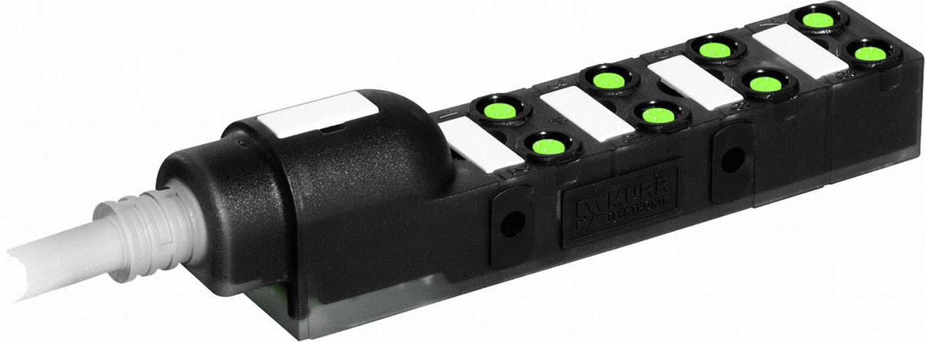 A black electric distribution block with multiple green illuminated indicators and a cable on the left side.