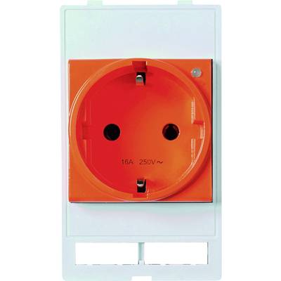Orange socket with European format, suitable for 16A and 250V, mounted on a white plate.