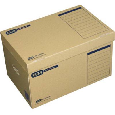 Brown cardboard archive box with printed area for labelling. Brand name 'ELBA' visible.