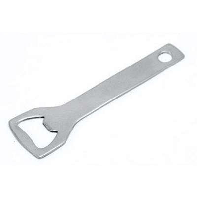 Metal bottle opener with a hole at the end of the handle, against a white background.
