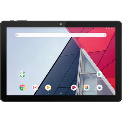 A tablet displaying apps on the screen, including a browser, Gmail, and Play Store. The background shows modern architecture with red and blue surfaces.