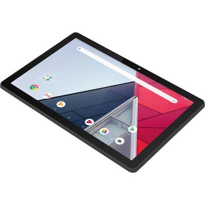A black tablet with a colourful building screen and multiple app icons on the display.