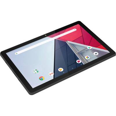A tablet with Android operating system displays icons for Chrome, Gmail, and Google Play on a modern, geometric background.