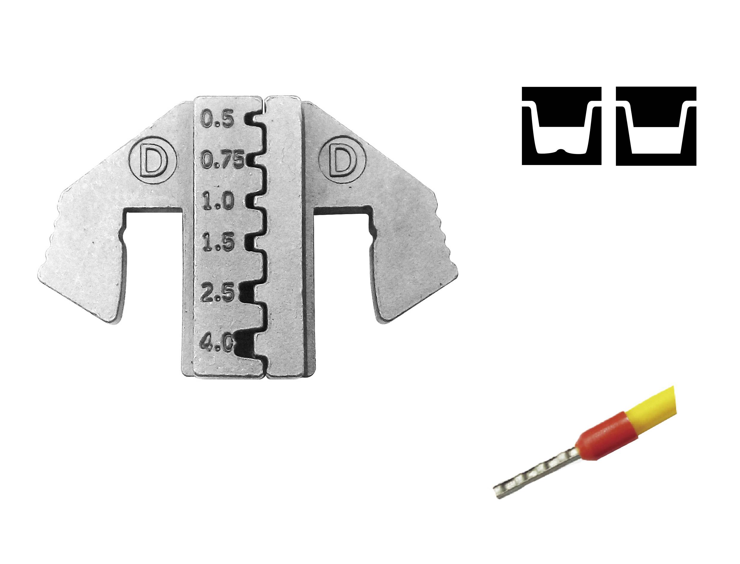 A silver measuring tool with a scale from 0.5 to 4.0. On the right, a symbol for crimp connections and an isolated crimp clamp.