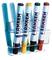 Four colourful board markers in a transparent stand, suitable for whiteboards. Marker colours: blue, yellow, orange, red.