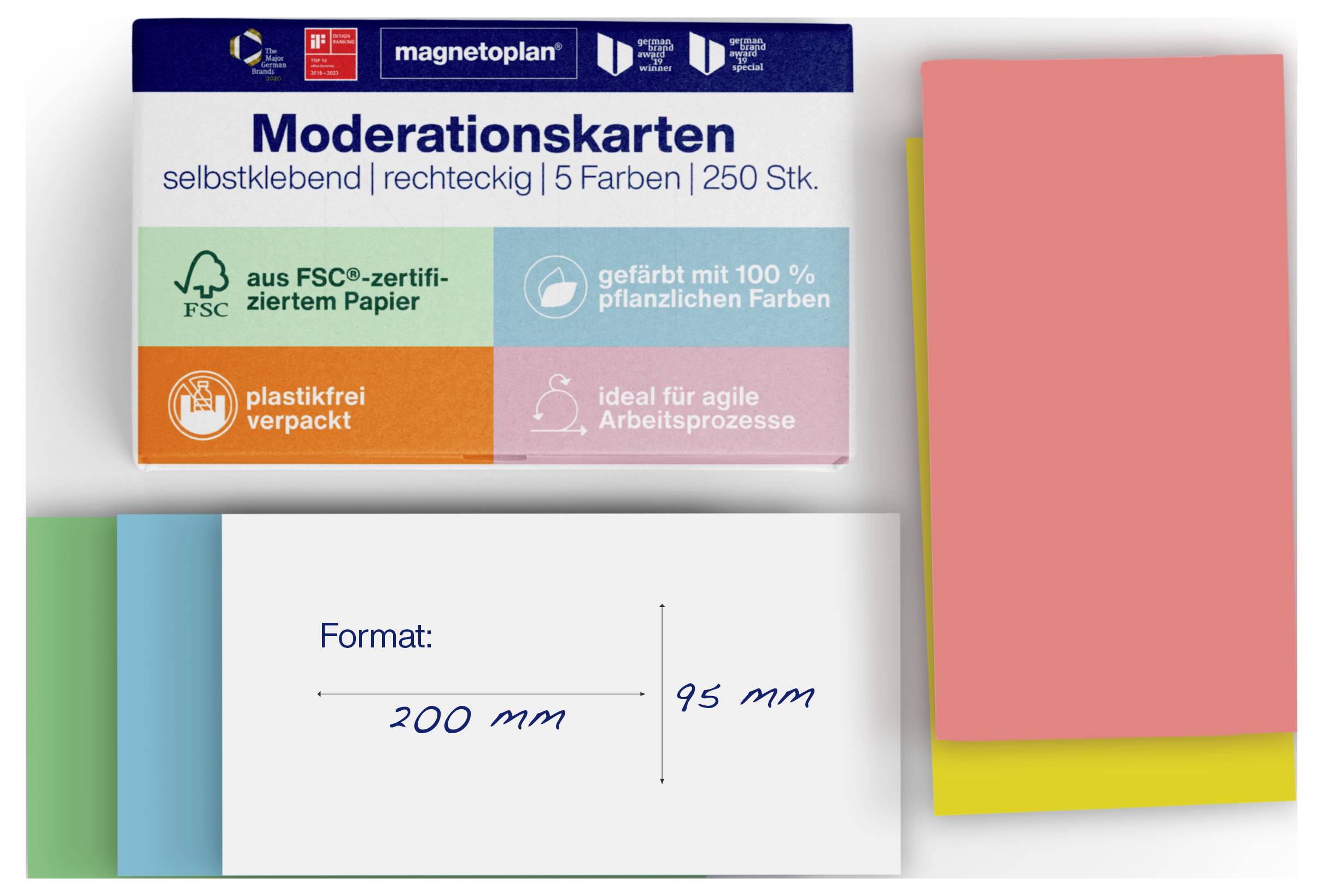 Box of 'magnetoplan Moderationskarten' with 250 self-adhesive rectangular cards in 5 colors. Highlights features like FSC paper and plastic-free packaging.