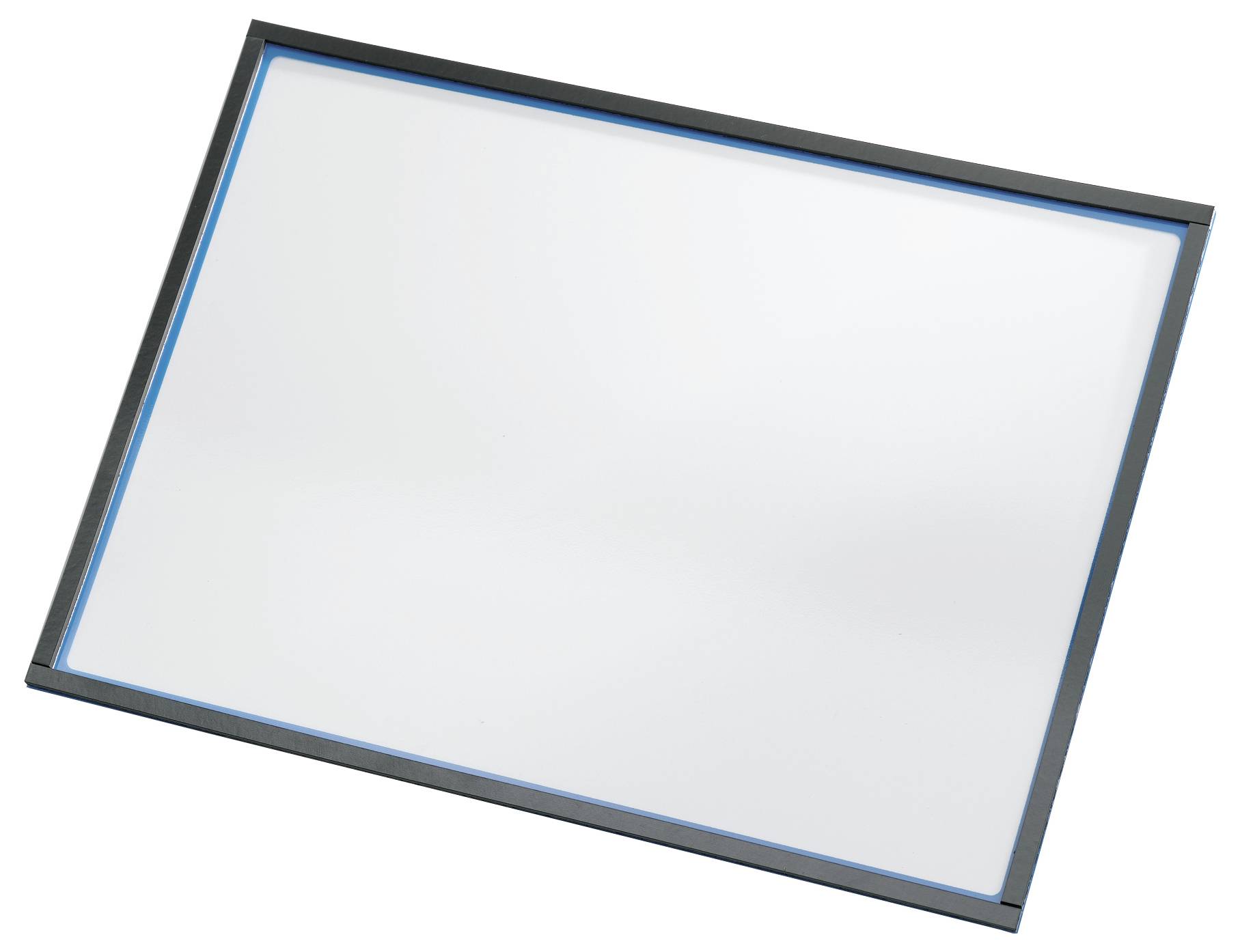 A rectangular light panel with a black frame and illuminated white surface, viewed at a slight angle.