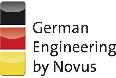 Three overlapping squares in black, red and yellow beside the text 'German Engineering by Novus'.