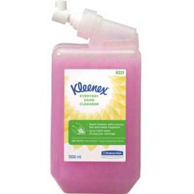 Pink hand sanitiser bottle with the label 'Kleenex Everyday Hand Cleanser'. Contents: 1000 ml. Suitable for specialised soap dispensers.