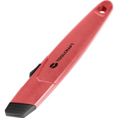 Red safety knife with black blade guard, ergonomic handle and the inscription 'TOOLCRAFT'.