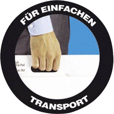 A hand grips the handle of a box. The text in the circle above: 'For easy transport'.