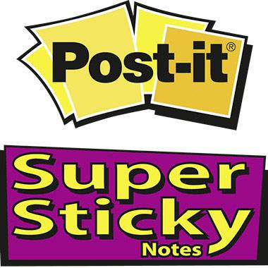 The image displays the Post-it Super Sticky Notes logo with yellow sticky notes against a purple background.