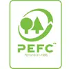 'PEFC' Logo in Green. Shows stylised tree and arrow shapes symbolising sustainable forest management.