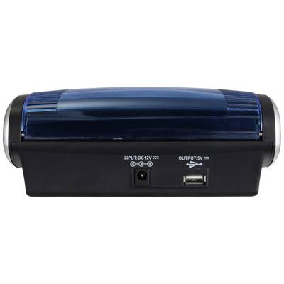 A portable printer with USB connection and DC12V power supply. Blue cover visible on the top surface.