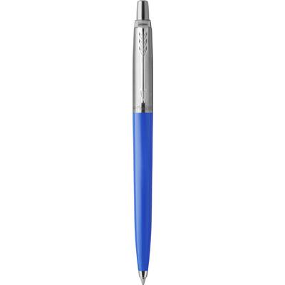 A blue ballpoint pen with a silver cap and clip, displaying an arrow pattern.