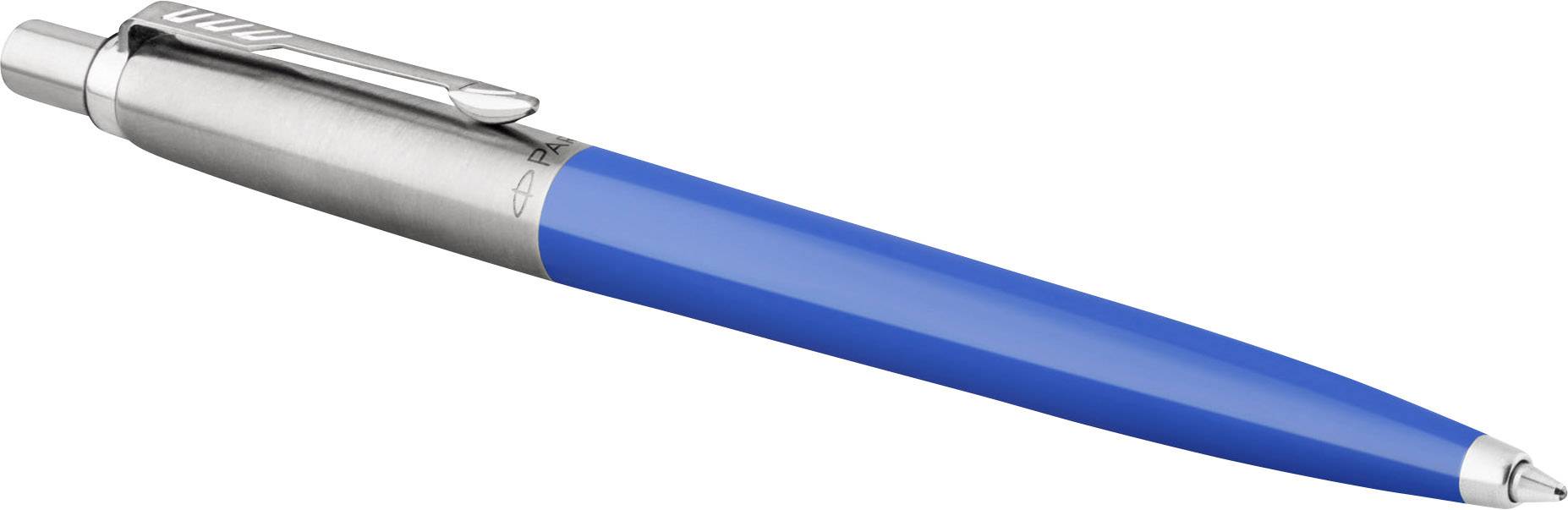 Blue ballpoint pen with silver clip and push mechanism.