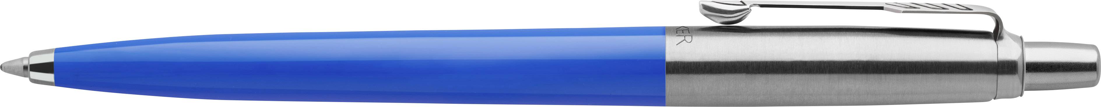Blue ballpoint pen with a silver tip and clip, lying on a flat surface. Perfect for writing or taking notes.