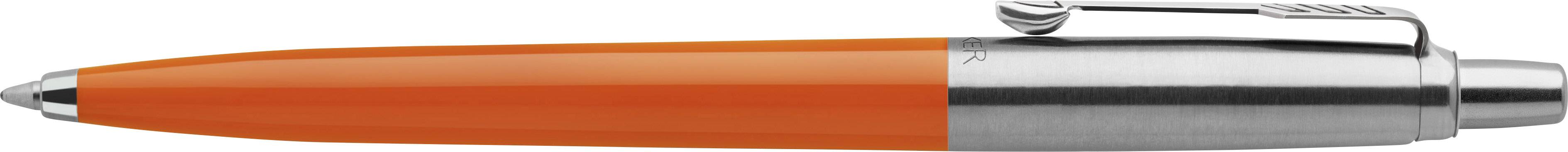 Orange ballpoint pen with metallic clip and tip, side view.