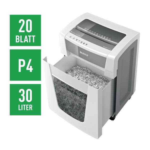 'Leitz Paper Shredder with 20-sheet Capacity, Security Level P4, and 30-litre Waste Bin, Suitable for Office Use.'