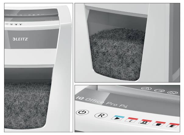 Electric paper shredder with viewing window, filled with shredded paper; control panel displays operating modes and colours.