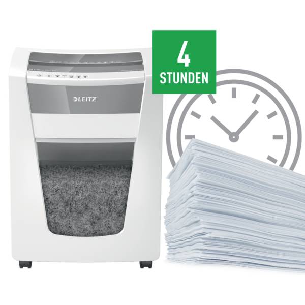 A white paper shredder with a full waste bin in front of a clock, with a stack of paper beside it, text '4 hours'.