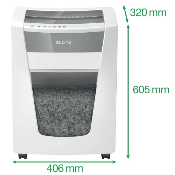 A white paper shredder with a grey control panel and a full collection bin. Dimensions: 320 mm wide, 605 mm high, 406 mm deep.